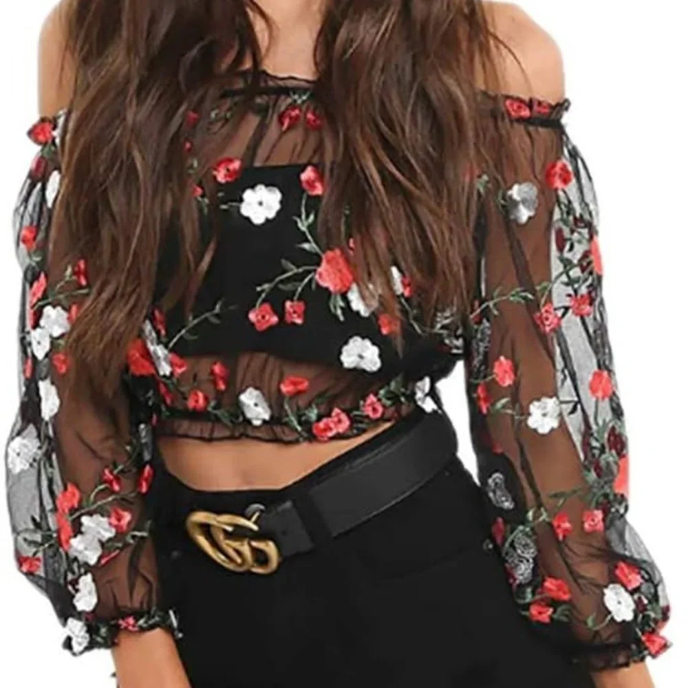 Sexy floral embroidery mesh T-shirt
